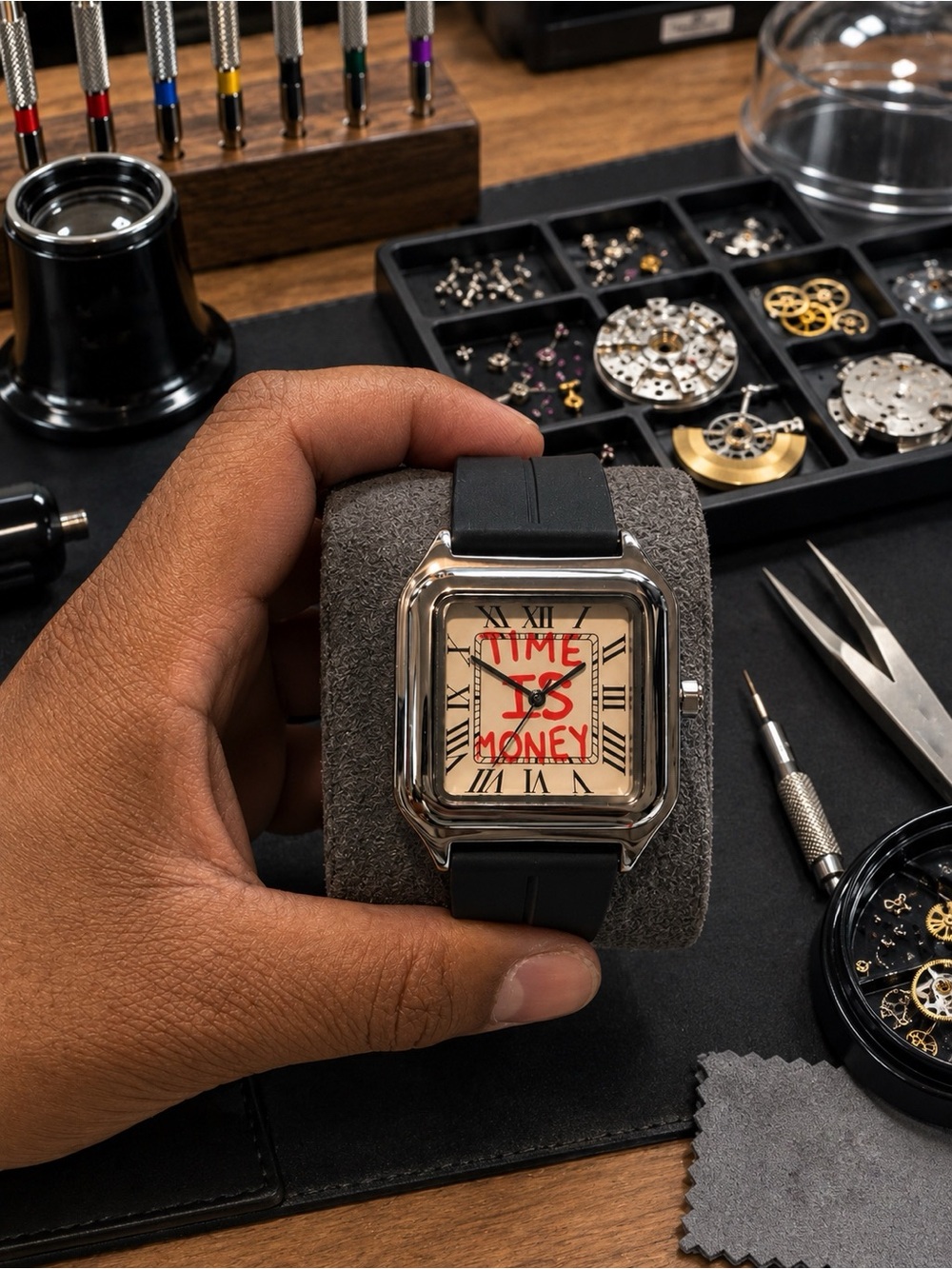Black Strap Square Dial Men’s Watch – Time Is Money